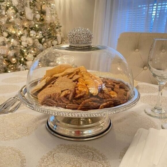 Rhinestone JEWELED Chrystals CAKE PASTRY KEEPER GLASS DOME Server Square - Picture 7 of 7